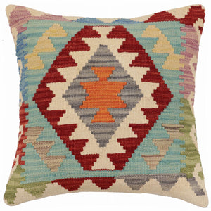18x18 hand woven kilim throw pillow in red, blue and gray - Rustic Frey