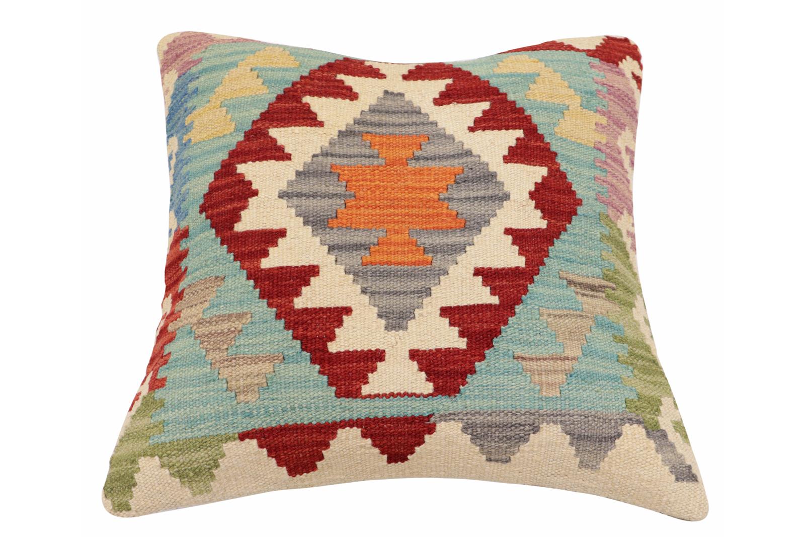 handmade Traditional Pillow Red Blue Hand-Woven SQUARE 100% WOOL Hand woven turkish pillow2 x 2