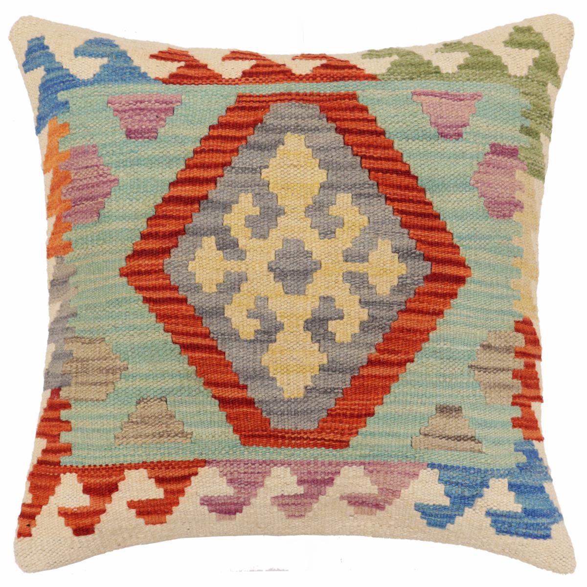 18x18 hand woven kilim throw pillow in rust, blue and gray - Tribal Terrell