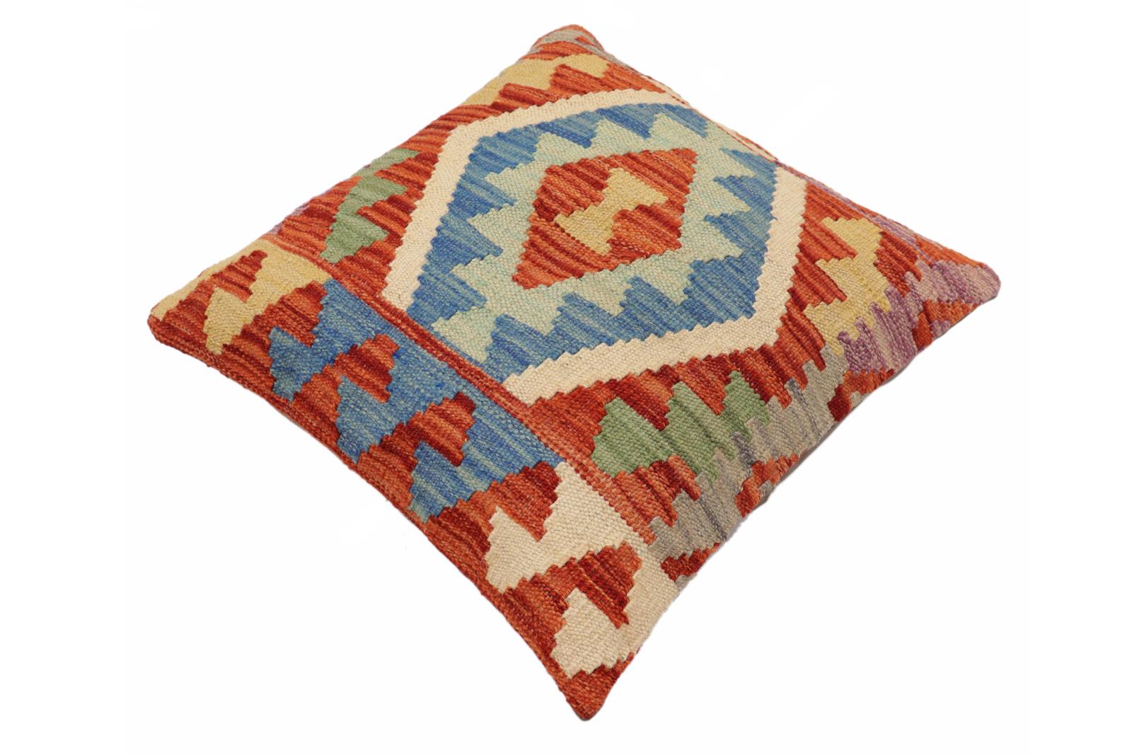handmade Traditional Pillow Rust Blue Hand-Woven SQUARE 100% WOOL Hand woven turkish pillow2 x 2