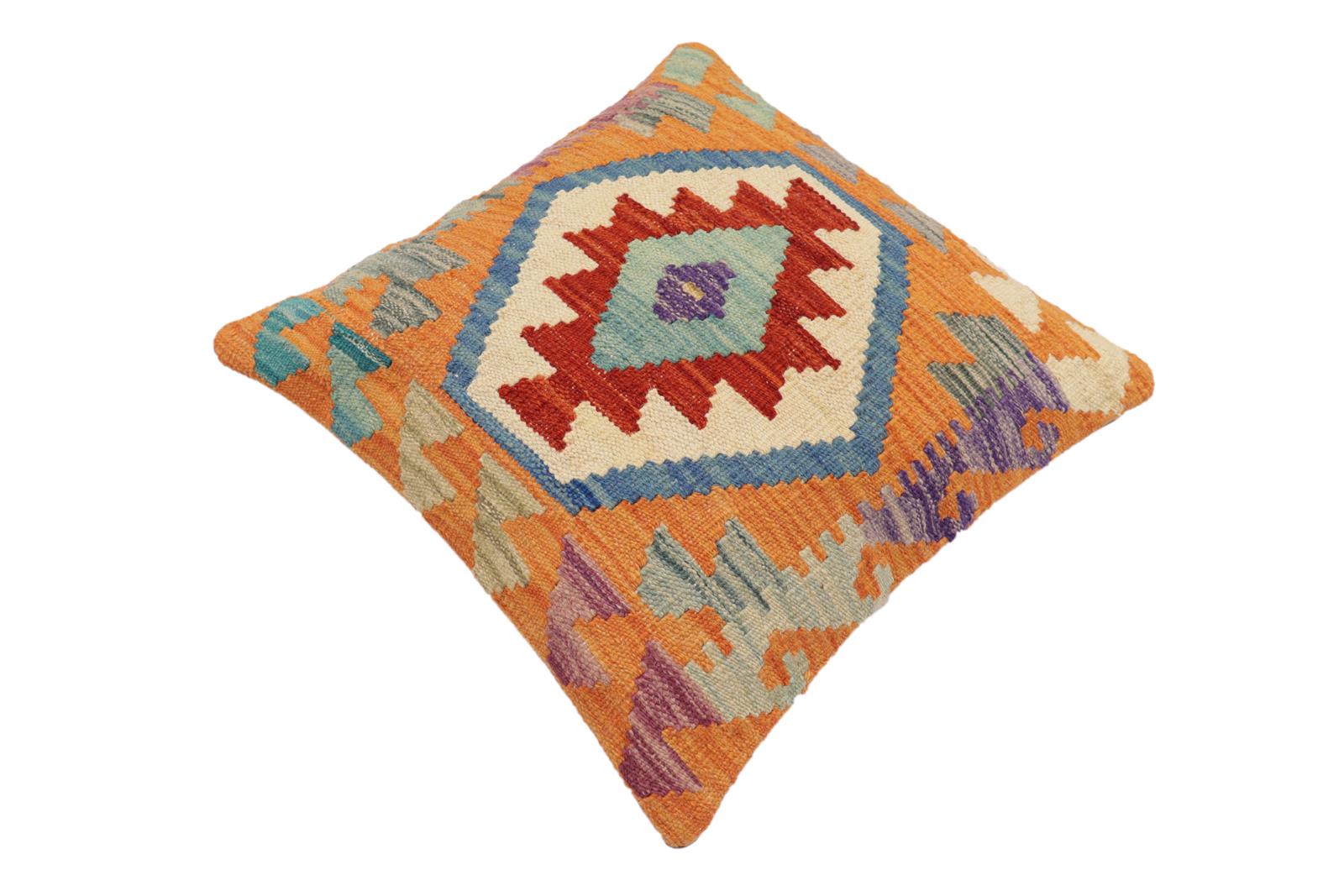 handmade Traditional Pillow Rust Blue Hand-Woven SQUARE 100% WOOL Hand woven turkish pillow2 x 2
