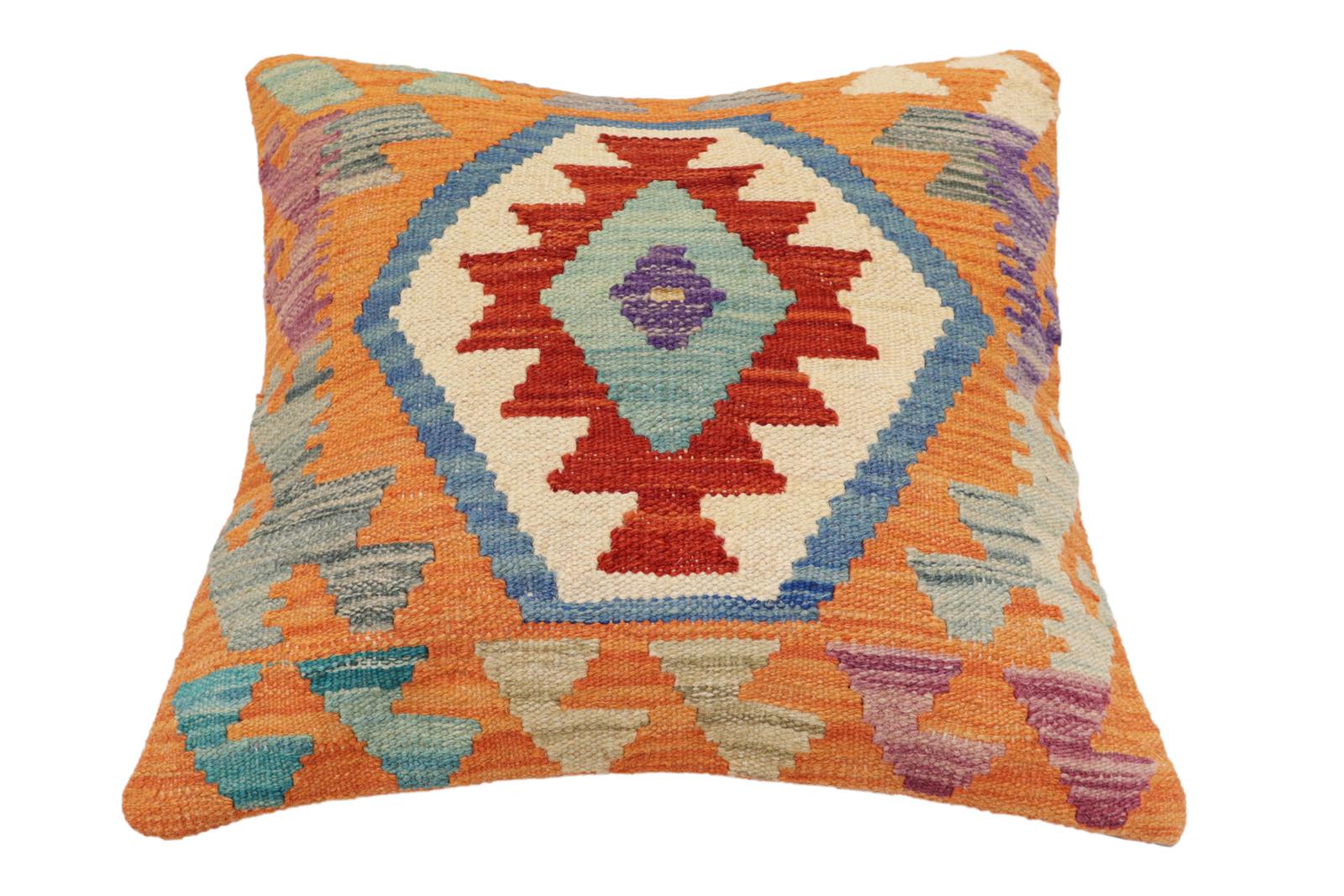 handmade Traditional Pillow Rust Blue Hand-Woven SQUARE 100% WOOL Hand woven turkish pillow2 x 2