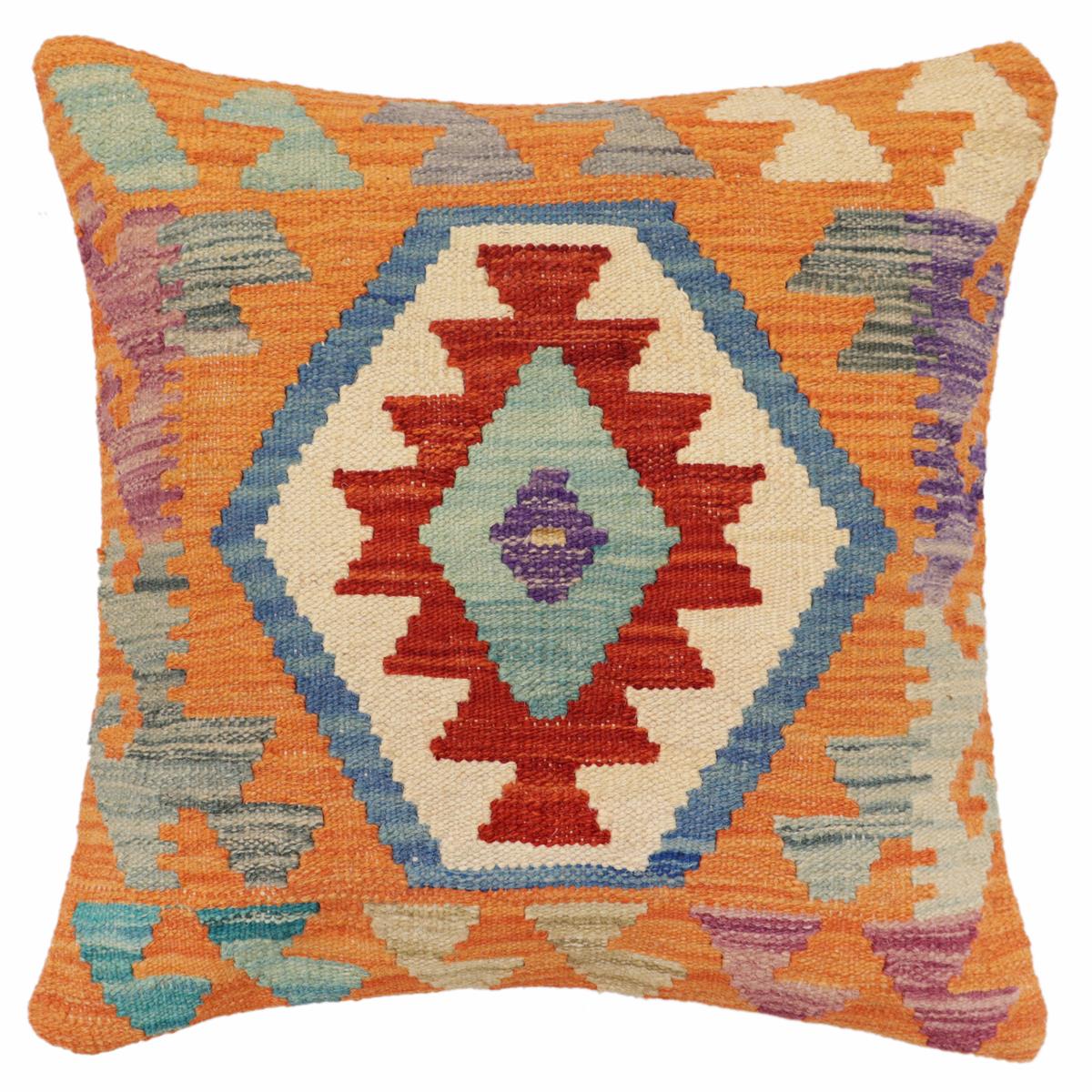 handmade Traditional Pillow Rust Blue Hand-Woven SQUARE 100% WOOL Hand woven turkish pillow2 x 2
