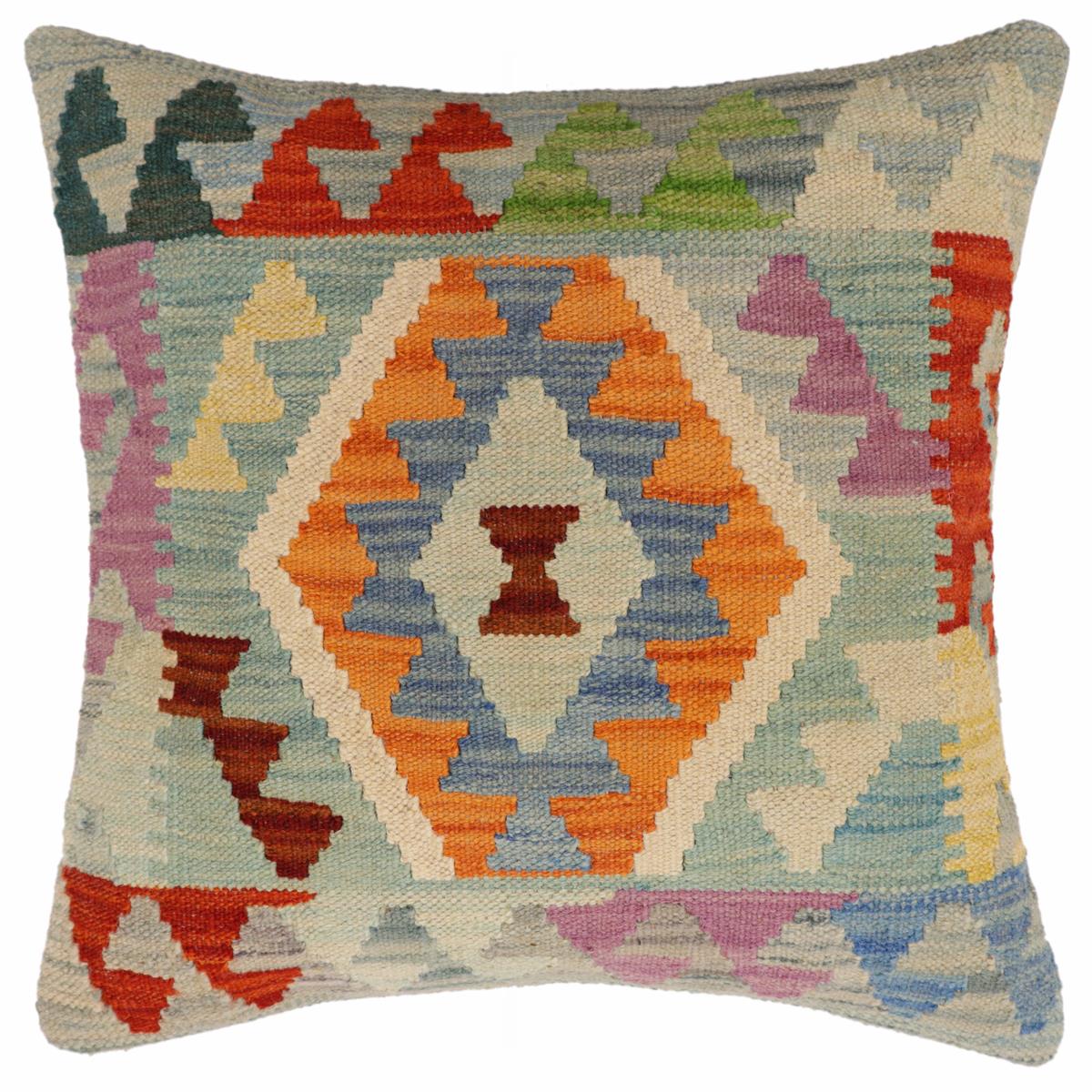 18x18 hand woven kilim throw pillow in blue, rust and beige - Boho Chic Downs