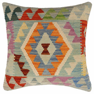 18x18 hand woven kilim throw pillow in blue, rust and beige - Boho Chic Downs
