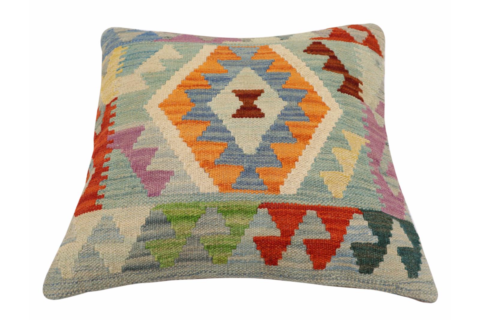 handmade Traditional Pillow Blue Rust Hand-Woven SQUARE 100% WOOL Hand woven turkish pillow2 x 2