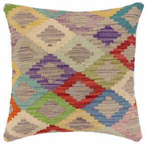 18x18 hand woven kilim throw pillow in blue, red and rust - Rustic Holmes