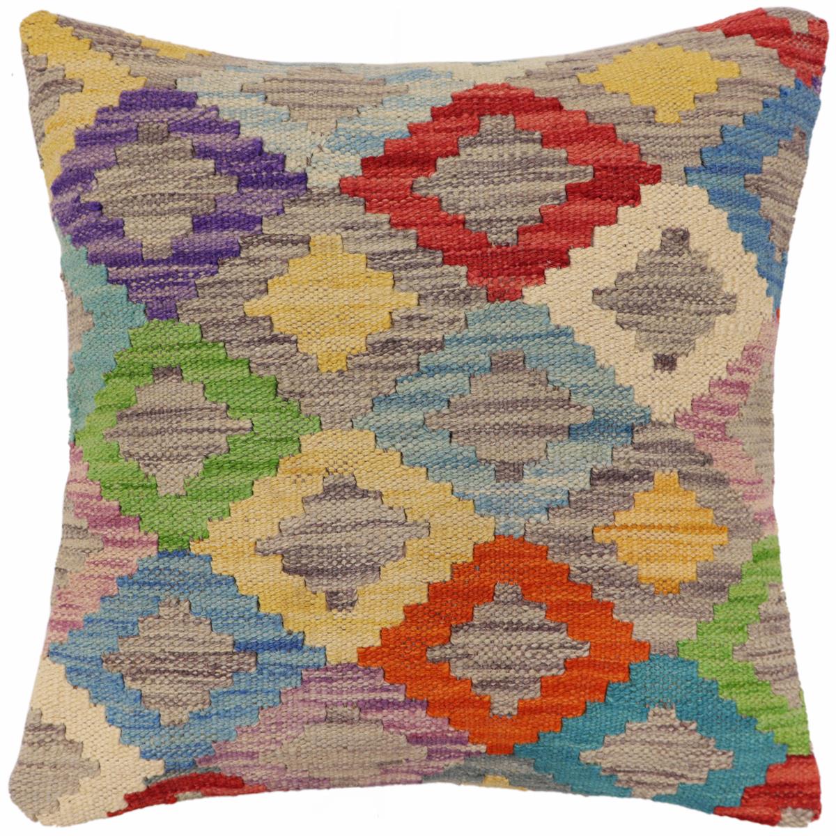 18x18 hand woven kilim throw pillow in blue, red and rust - Bohemian Fischer