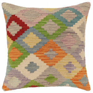 18x18 hand woven kilim throw pillow in blue, red and orange - Boho Chic Mendez