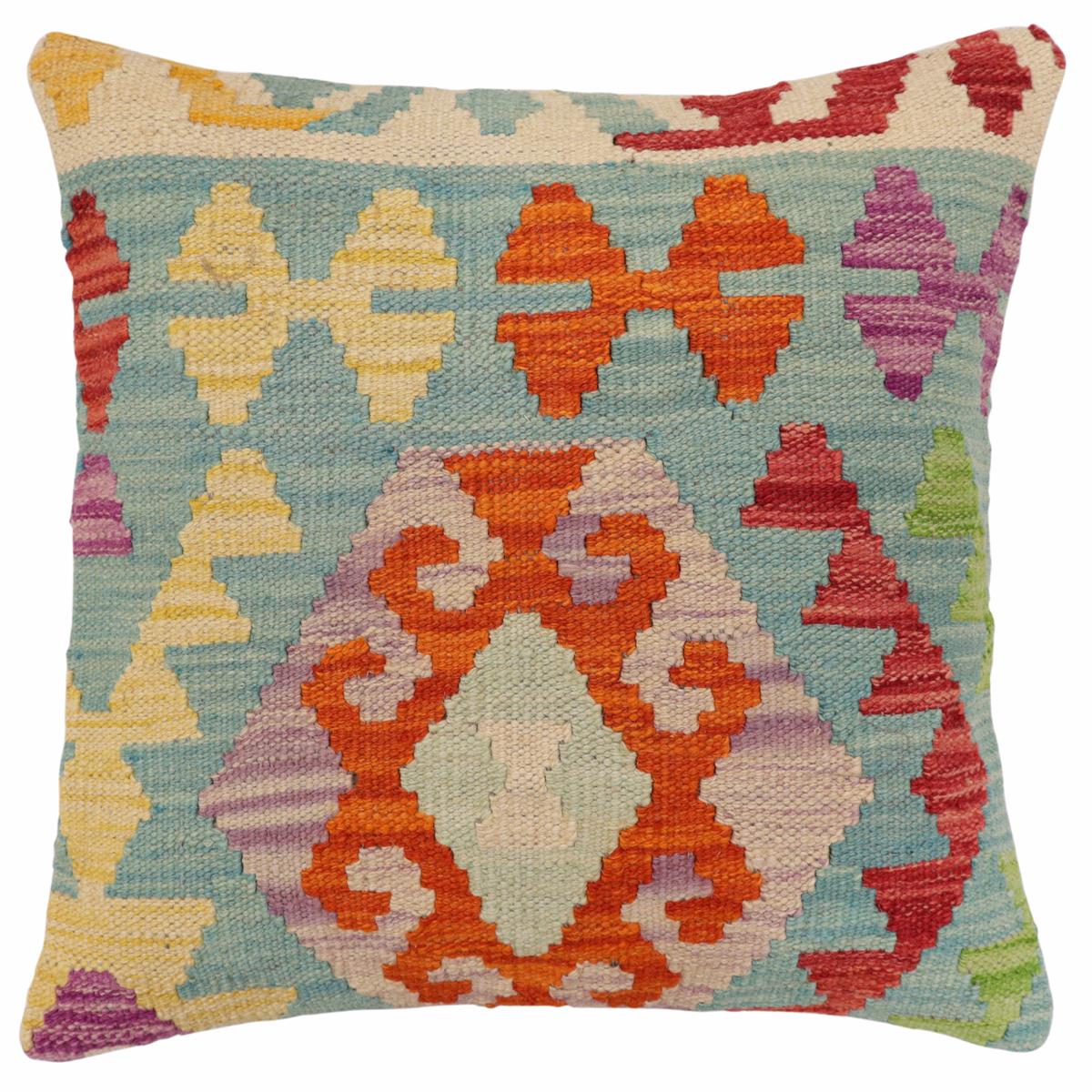 18x18 hand woven kilim throw pillow in blue, rust and red - Southwestern Cherry