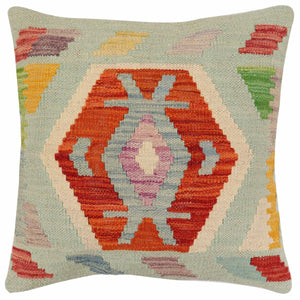 18x18 hand woven kilim throw pillow in blue, rust and beige - Southwestern Huff
