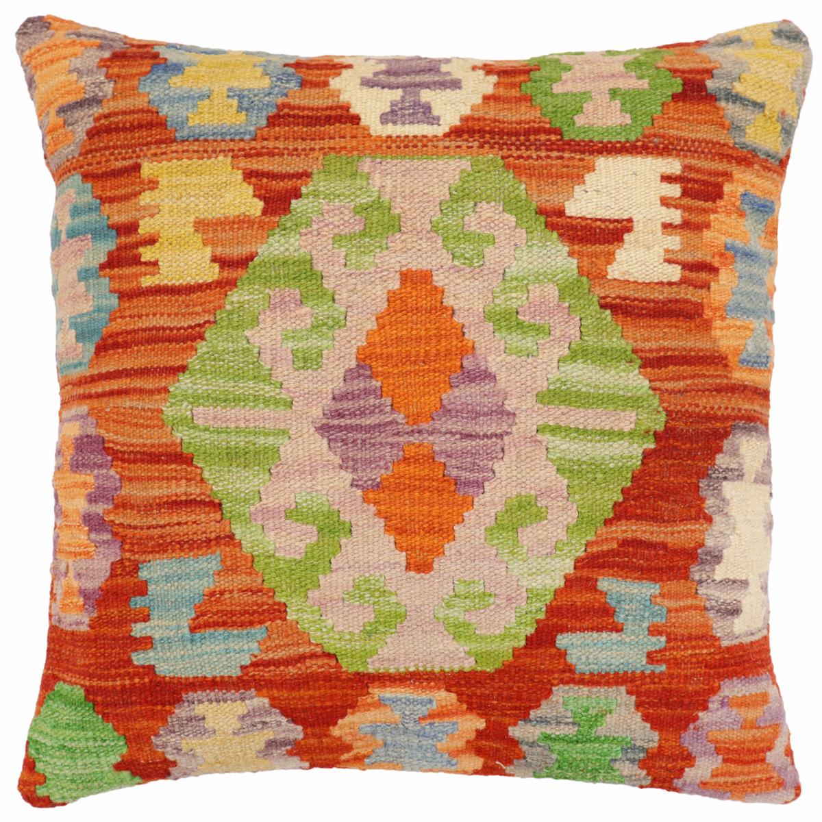 18x18 hand woven kilim throw pillow in rust, blue and beige - Rustic Bryant