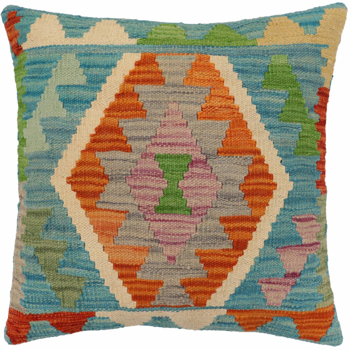 18x18 hand woven kilim throw pillow in blue, rust and beige - Tribal Bush