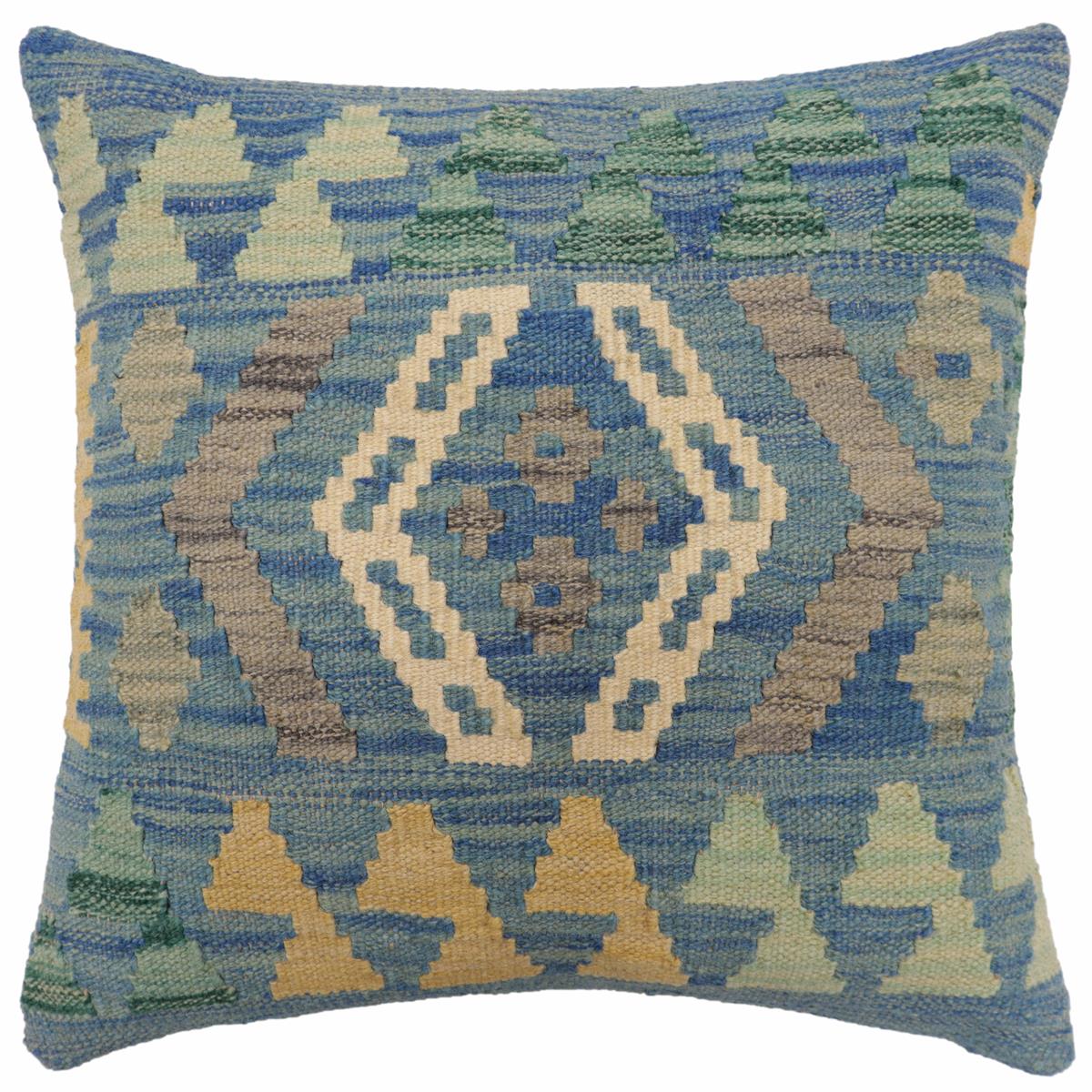 18x18 hand woven kilim throw pillow in blue, gray and beige - Tribal Little