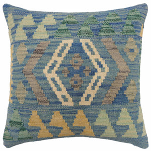 18x18 hand woven kilim throw pillow in blue, gray and beige - Tribal Little
