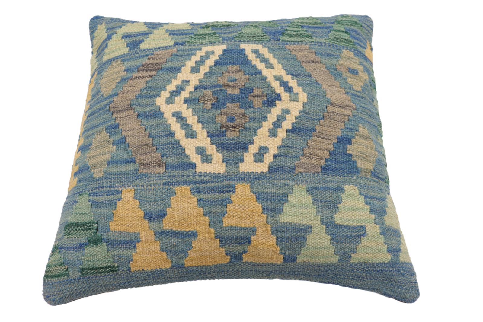 handmade Traditional Pillow Blue Gray Hand-Woven SQUARE 100% WOOL Hand woven turkish pillow2 x 2