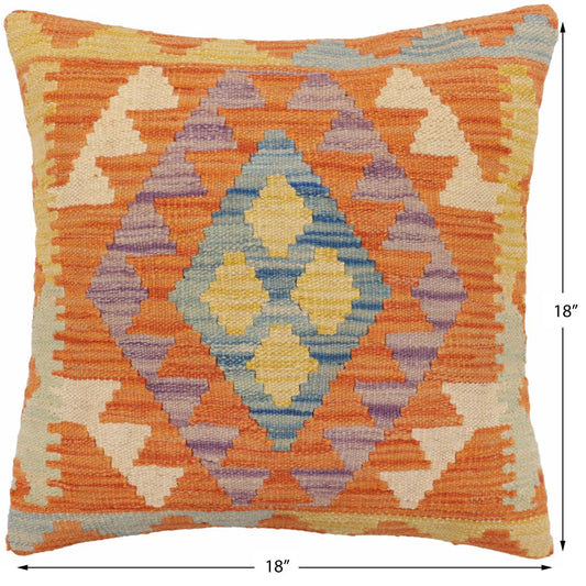 handmade Traditional Pillow Orange Blue Hand-Woven SQUARE 100% WOOL Hand woven turkish pillow2 x 2