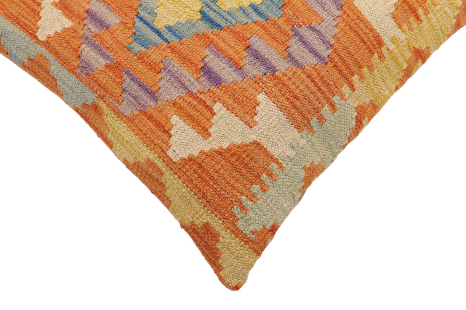 handmade Traditional Pillow Orange Blue Hand-Woven SQUARE 100% WOOL Hand woven turkish pillow2 x 2