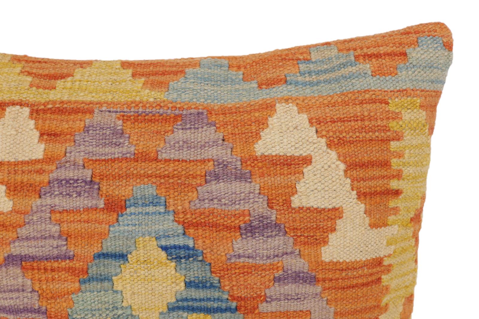 handmade Traditional Pillow Orange Blue Hand-Woven SQUARE 100% WOOL Hand woven turkish pillow2 x 2