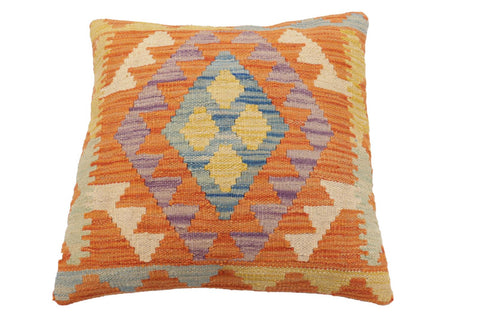 handmade Traditional Pillow Orange Blue Hand-Woven SQUARE 100% WOOL Hand woven turkish pillow2 x 2