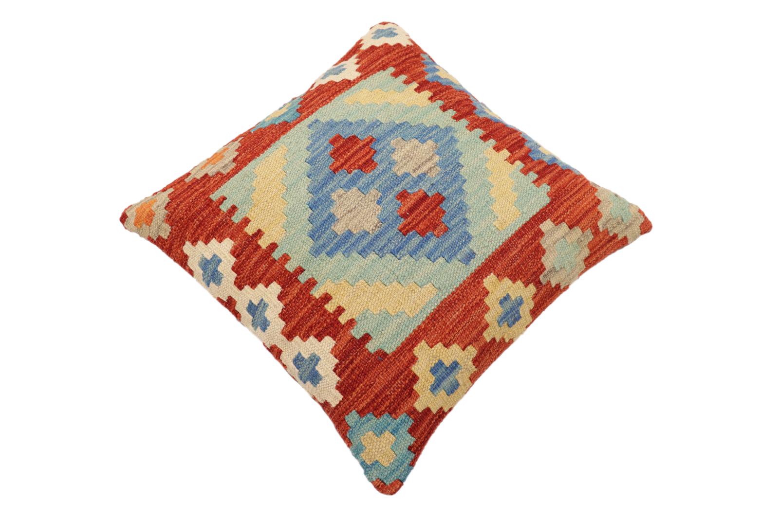 handmade Traditional Pillow Rust Blue Hand-Woven SQUARE 100% WOOL Hand woven turkish pillow2 x 2
