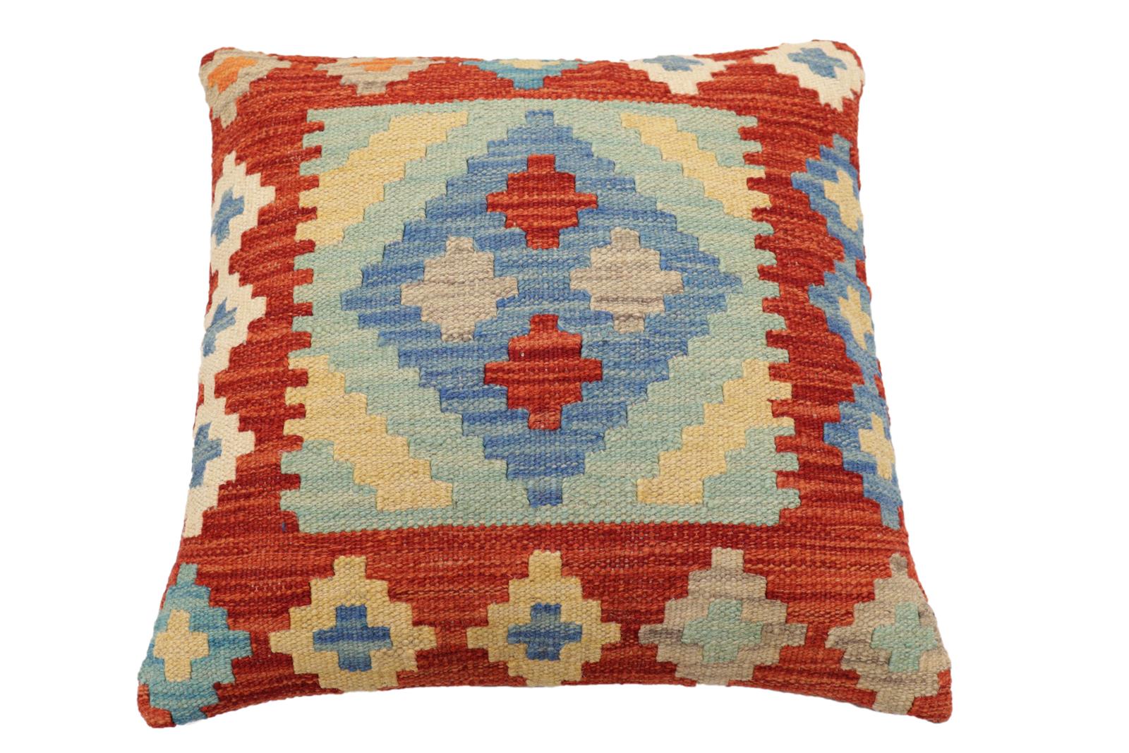 handmade Traditional Pillow Rust Blue Hand-Woven SQUARE 100% WOOL Hand woven turkish pillow2 x 2