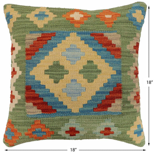 handmade Traditional Pillow Green Rust Hand-Woven SQUARE 100% WOOL Hand woven turkish pillow2 x 2