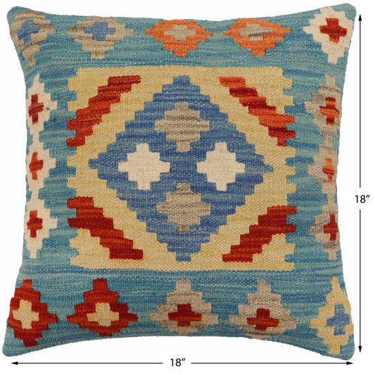 handmade Traditional Pillow Blue Rust Hand-Woven SQUARE 100% WOOL Hand woven turkish pillow2 x 2