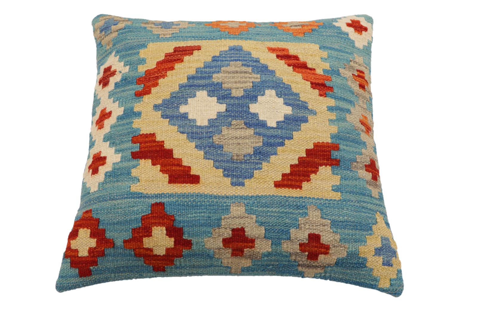 handmade Traditional Pillow Blue Rust Hand-Woven SQUARE 100% WOOL Hand woven turkish pillow2 x 2