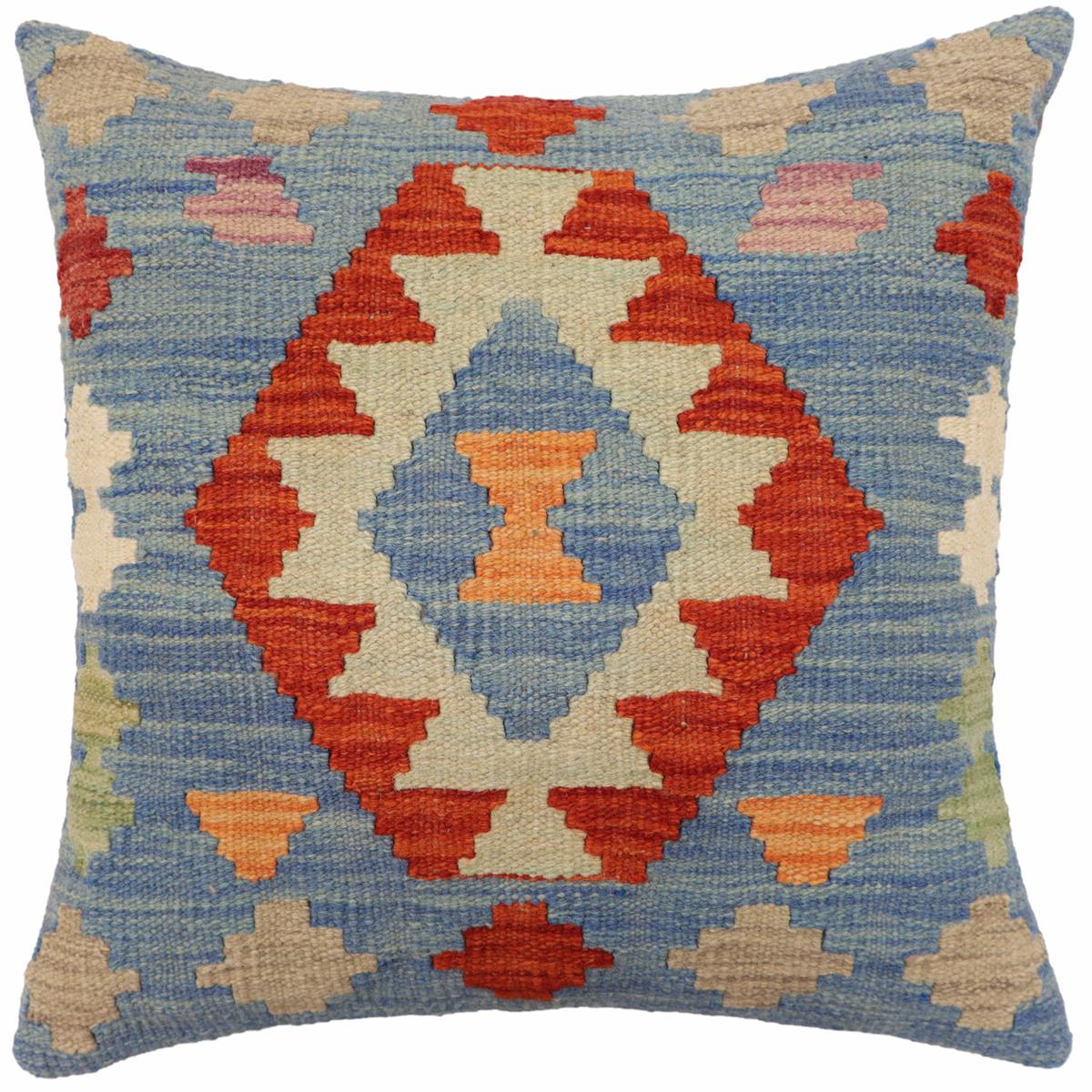 18x18 hand woven kilim throw pillow in blue, rust and beige - Southwestern Orozco