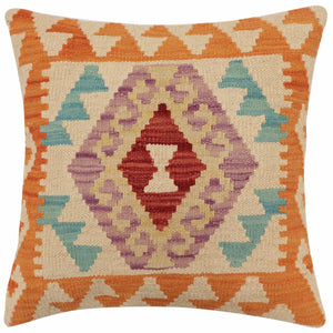 18x18 hand woven kilim throw pillow in orange, beige and blue - Rustic Thompson