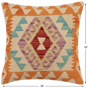 handmade Traditional Pillow Orange Beige Hand-Woven SQUARE 100% WOOL Hand woven turkish pillow2 x 2