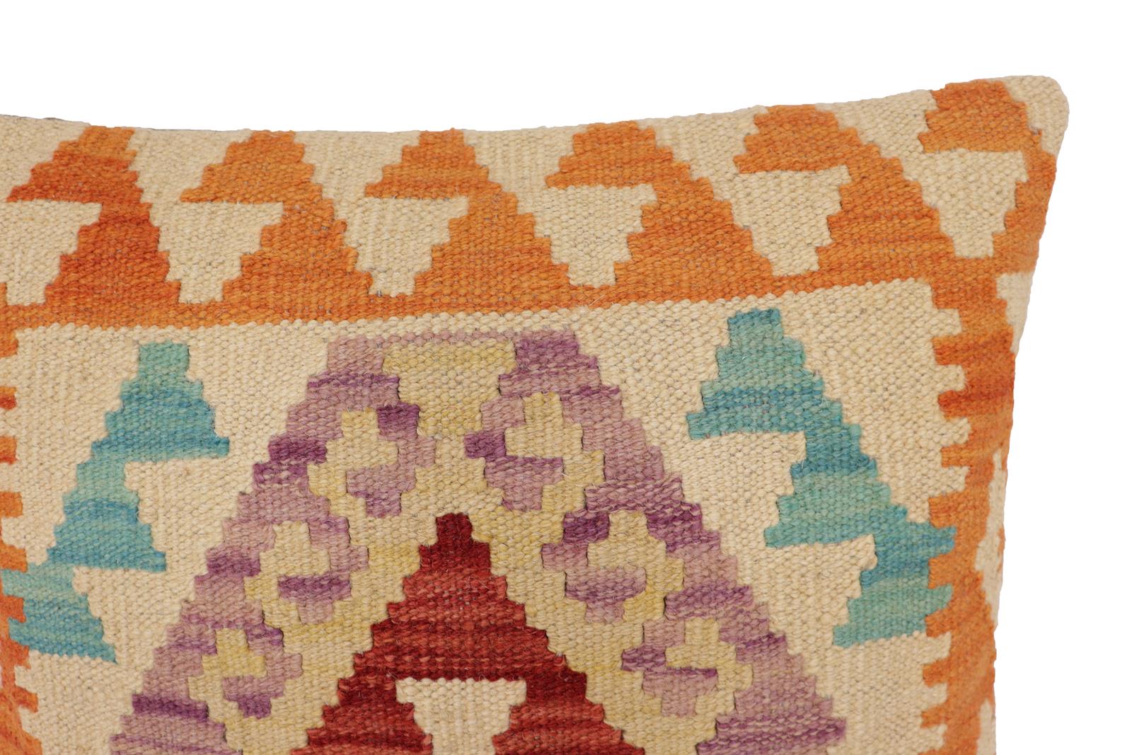 handmade Traditional Pillow Orange Beige Hand-Woven SQUARE 100% WOOL Hand woven turkish pillow2 x 2