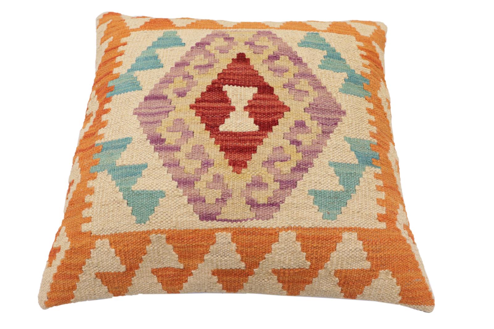 handmade Traditional Pillow Orange Beige Hand-Woven SQUARE 100% WOOL Hand woven turkish pillow2 x 2
