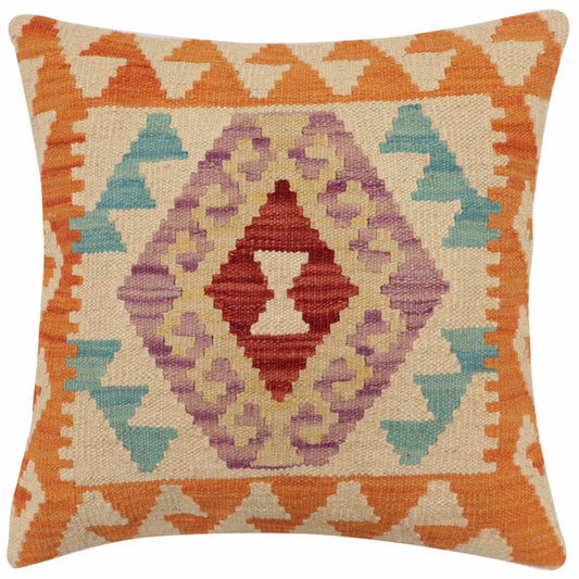 handmade Traditional Pillow Orange Beige Hand-Woven SQUARE 100% WOOL Hand woven turkish pillow2 x 2