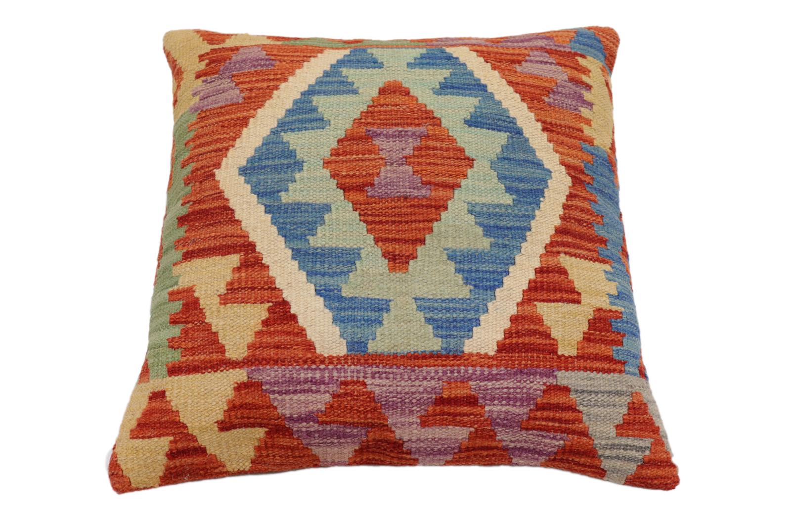 handmade Traditional Pillow Rust Blue Hand-Woven SQUARE 100% WOOL Hand woven turkish pillow2 x 2