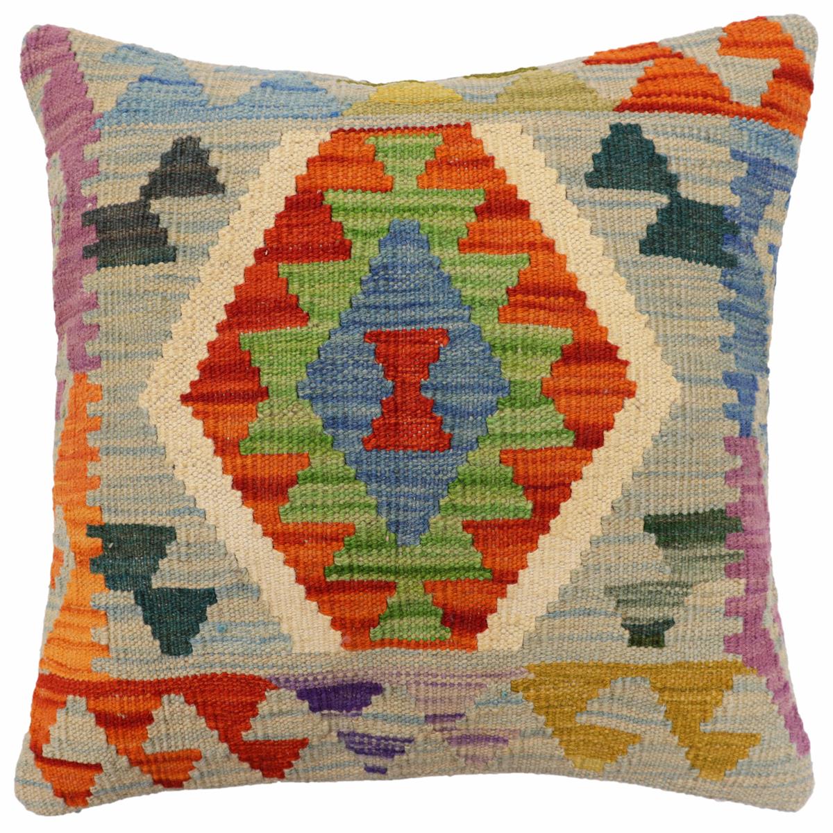18x18 hand woven kilim throw pillow in blue, rust and beige - Bohemian Strong
