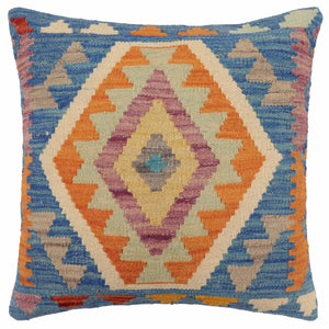 18x18 hand woven kilim throw pillow in blue, orange and beige - Boho Chic Reynolds