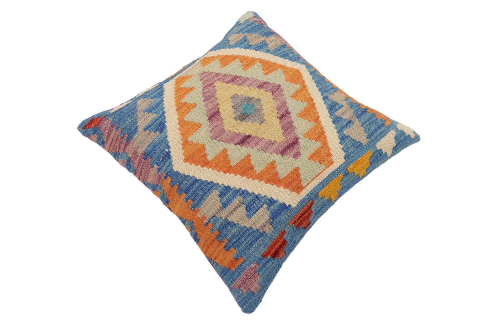 handmade Traditional Pillow Blue Orange Hand-Woven SQUARE 100% WOOL Hand woven turkish pillow2 x 2