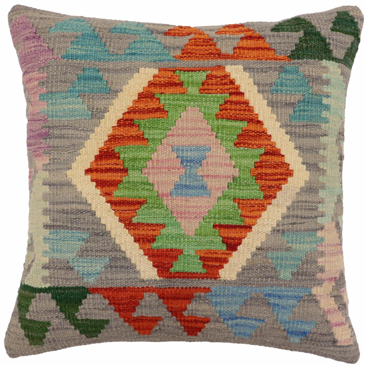 18x18 hand woven kilim throw pillow in gray, rust and blue - Bohemian Hobbs