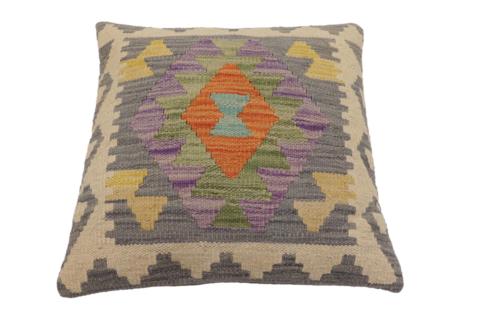 handmade Traditional Pillow Gray Beige Hand-Woven SQUARE 100% WOOL Hand woven turkish pillow2 x 2