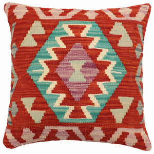 18x18 hand woven kilim throw pillow in rust, blue and beige - Bohemian Hoover