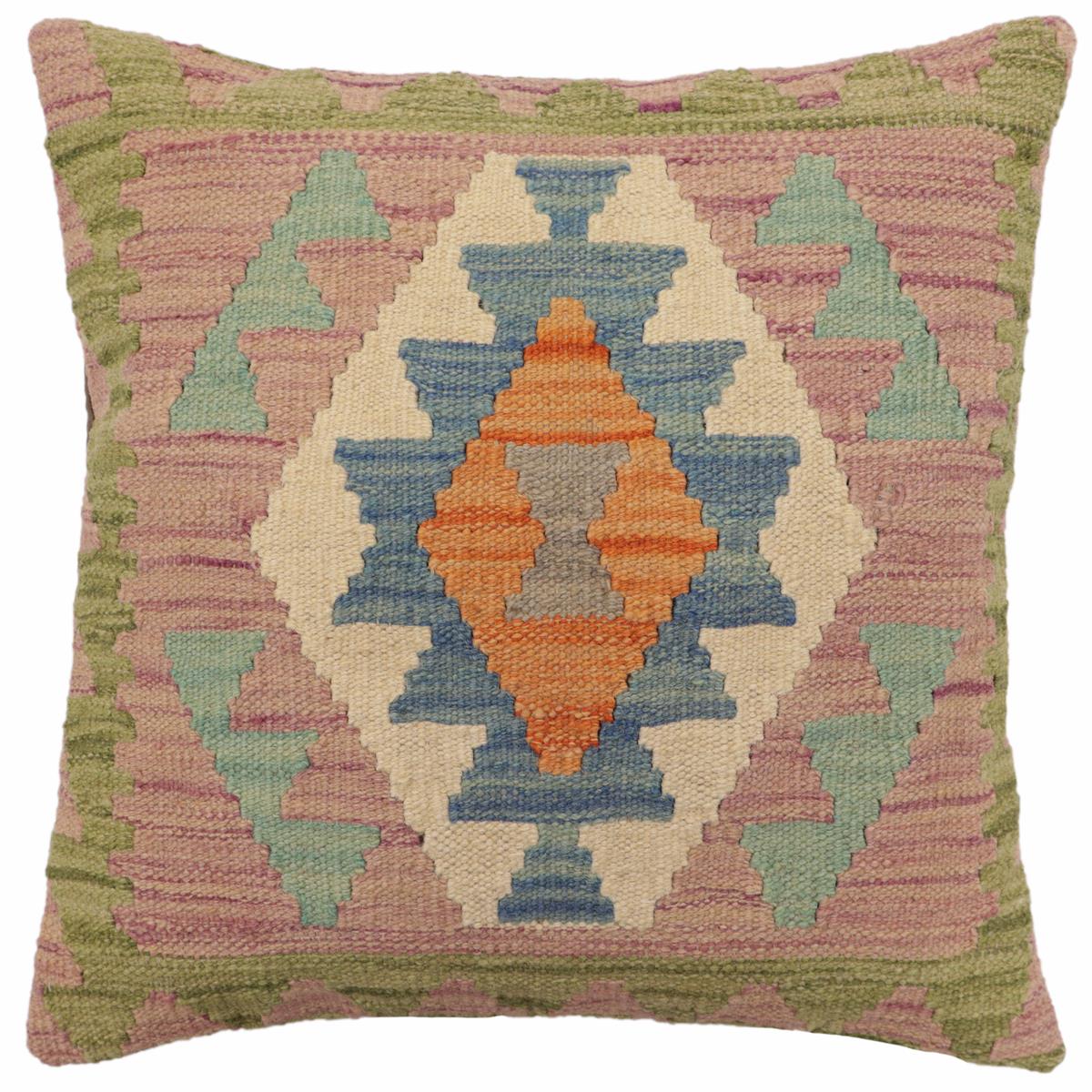 18x18 hand woven kilim throw pillow in blue, green and purple - Southwestern Campos