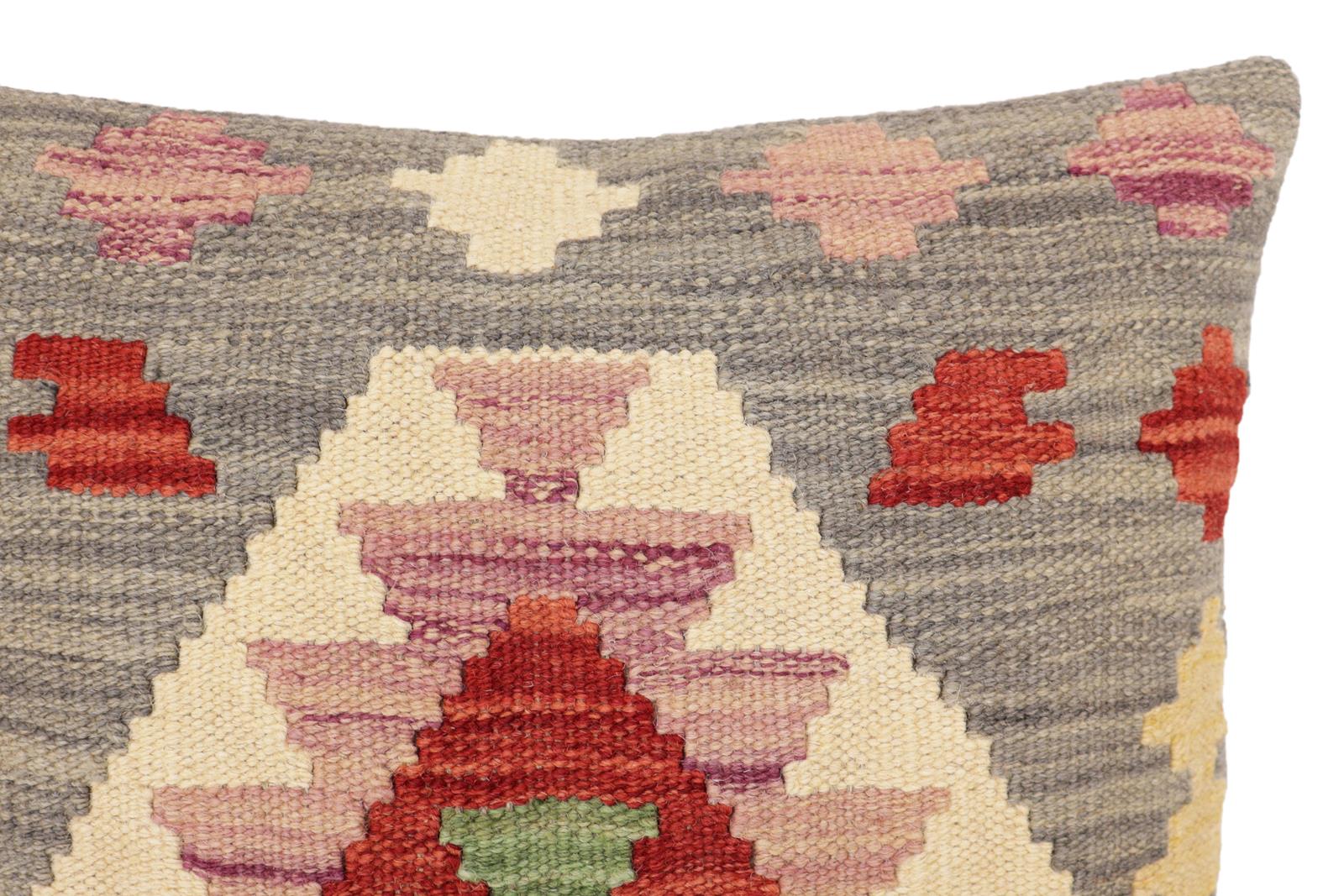 handmade Traditional Pillow Gray Red Hand-Woven SQUARE 100% WOOL  Hand woven turkish pillow  2 x 2