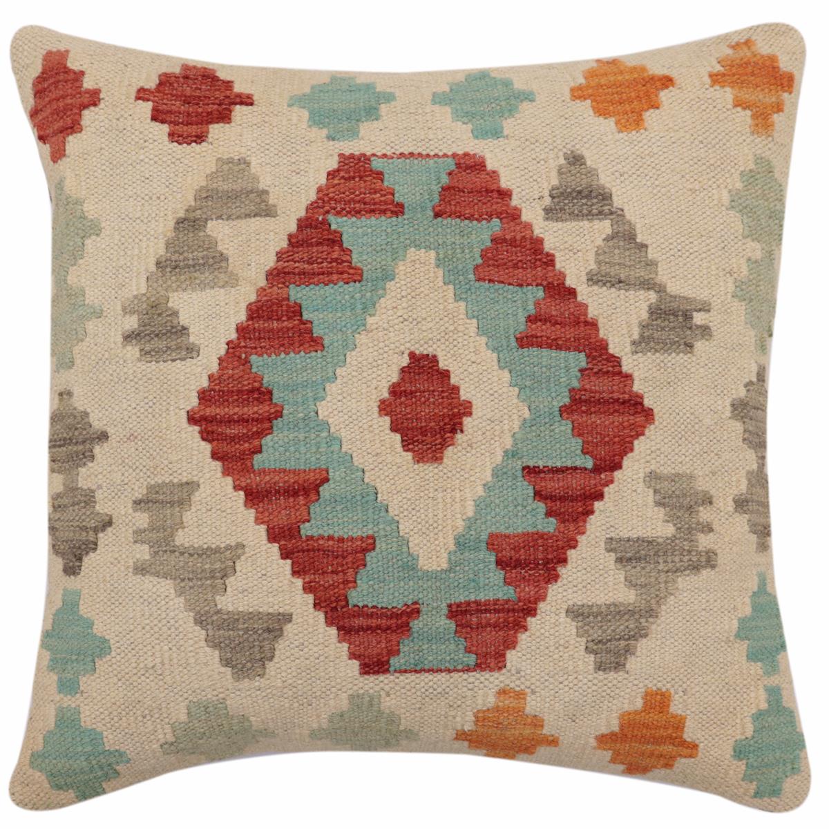 18x18 hand woven kilim throw pillow in beige, red and blue - Rustic Jenkins