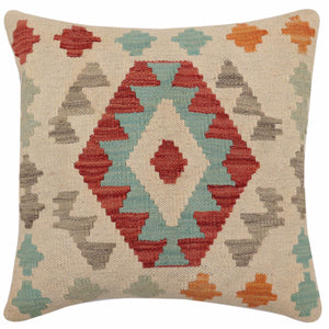 18x18 hand woven kilim throw pillow in beige, red and blue - Rustic Jenkins