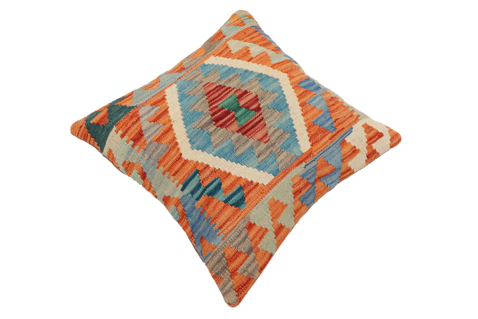 handmade Traditional Pillow Rust Blue Hand-Woven SQUARE 100% WOOL Hand woven turkish pillow2 x 2