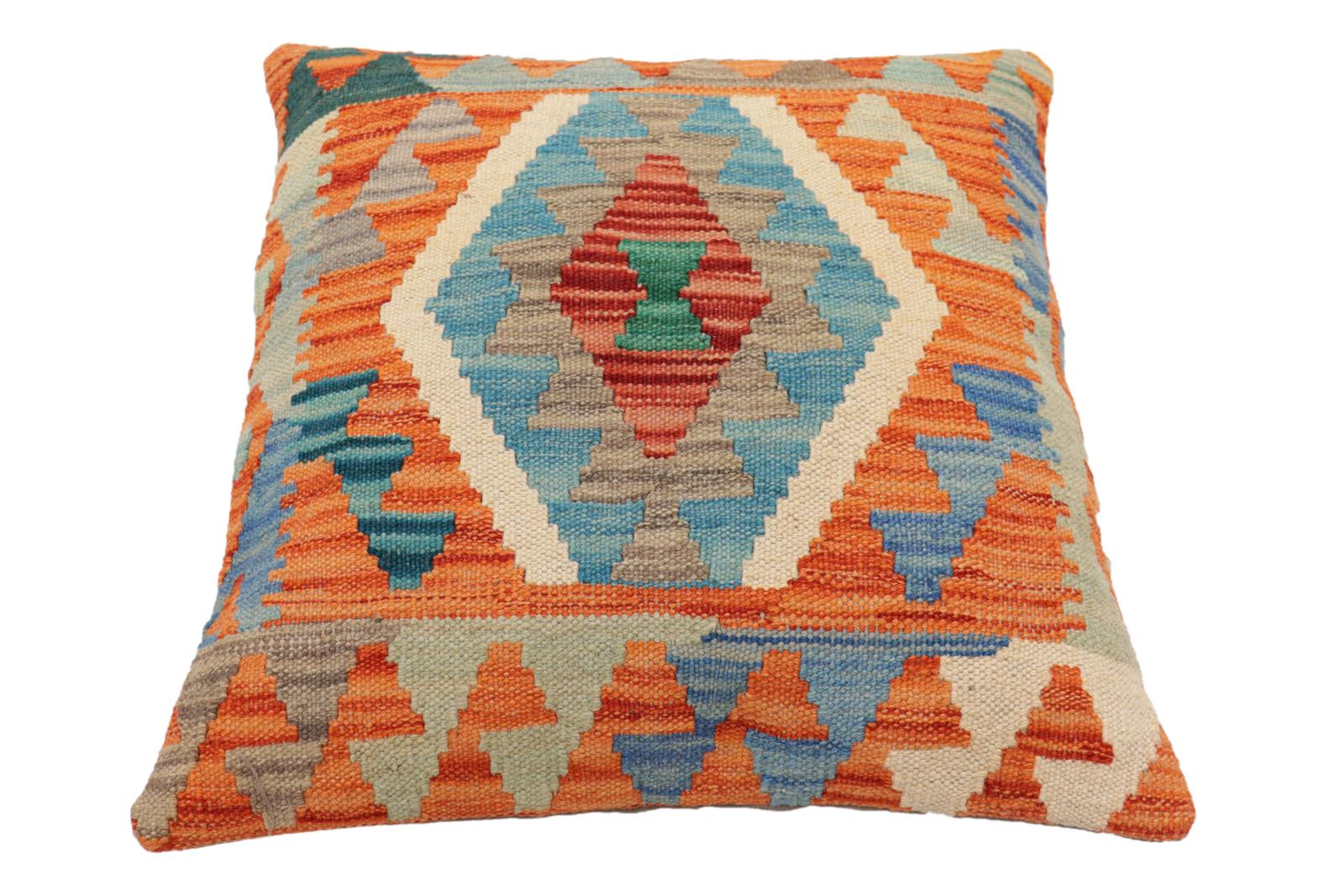 handmade Traditional Pillow Rust Blue Hand-Woven SQUARE 100% WOOL Hand woven turkish pillow2 x 2