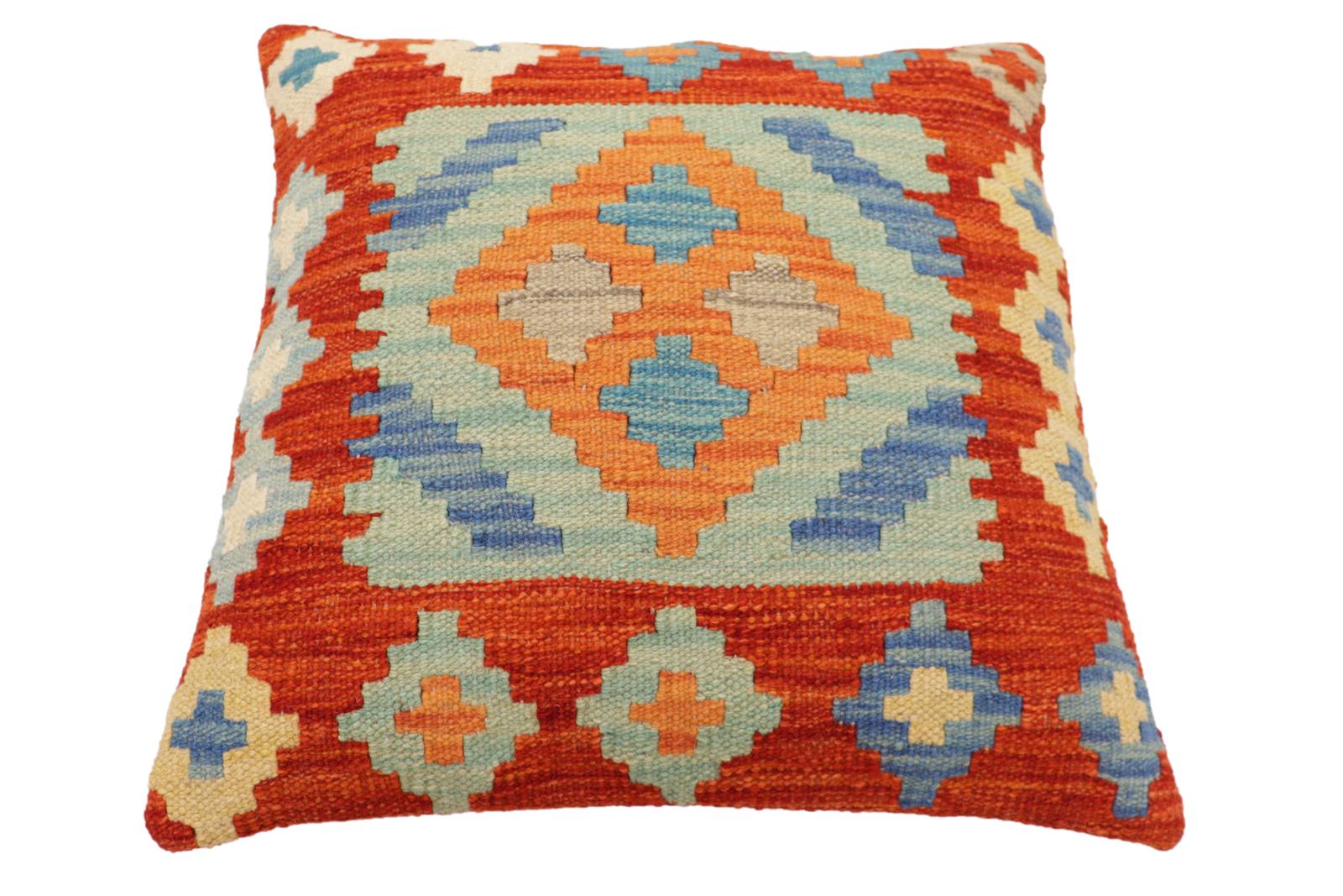 handmade Traditional Pillow Rust Blue Hand-Woven SQUARE 100% WOOL Hand woven turkish pillow2 x 2