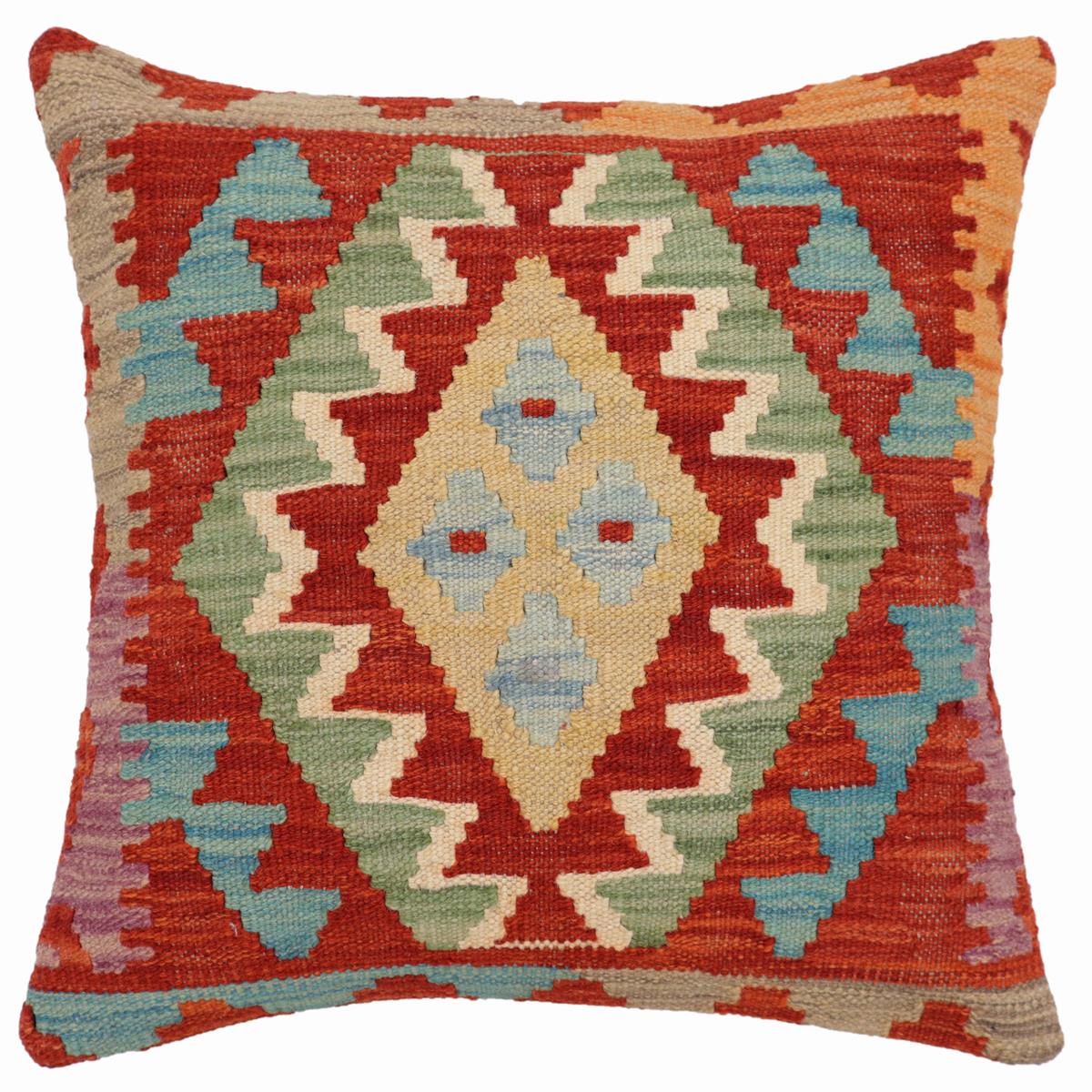 18x18 hand woven kilim throw pillow in rust, blue and beige - Tribal Stokes
